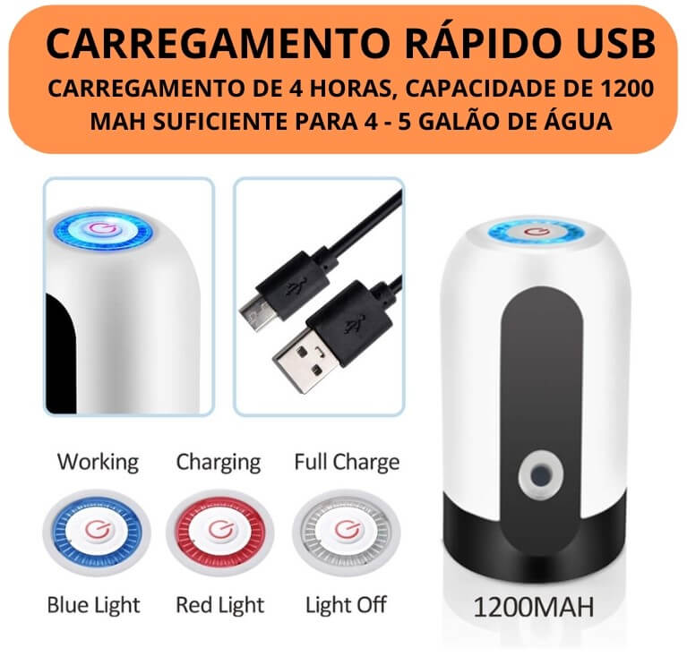 Bomba Elétrica De Galão Universal Com Carregamento USB Para Galão Garrafão De Água