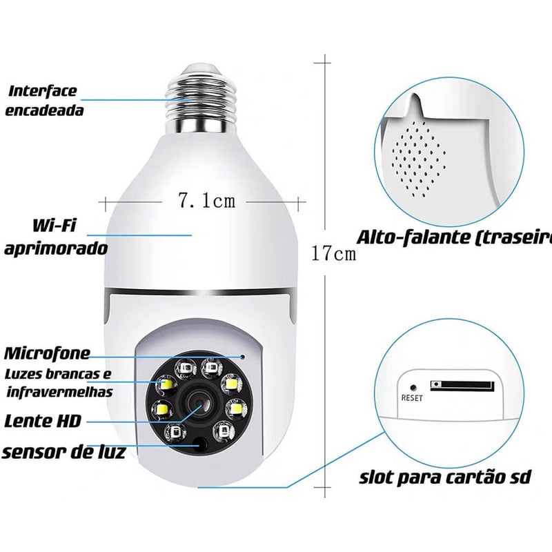 Câmera wifi ip sem fio giratória 360 com encaixe lâmpada bocal rosca yoosee ptz full HD visão noturna segurança - bivolt