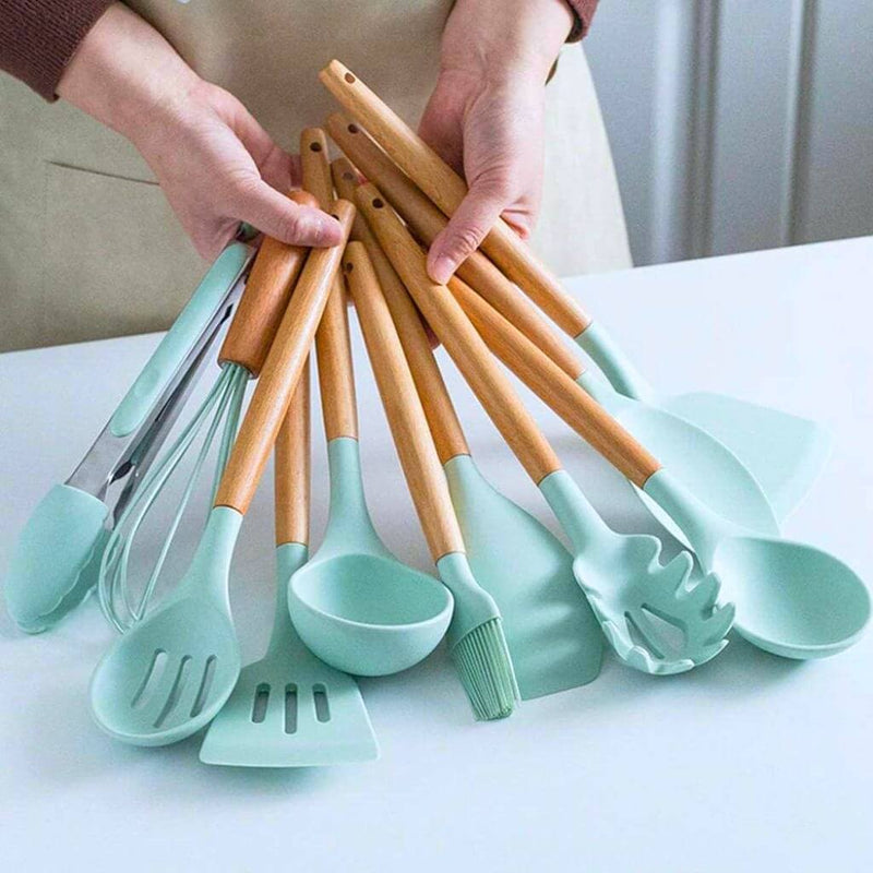 Kit de Utensílios Para Cozinha em Silicone e Madeira Premium 12 Peças