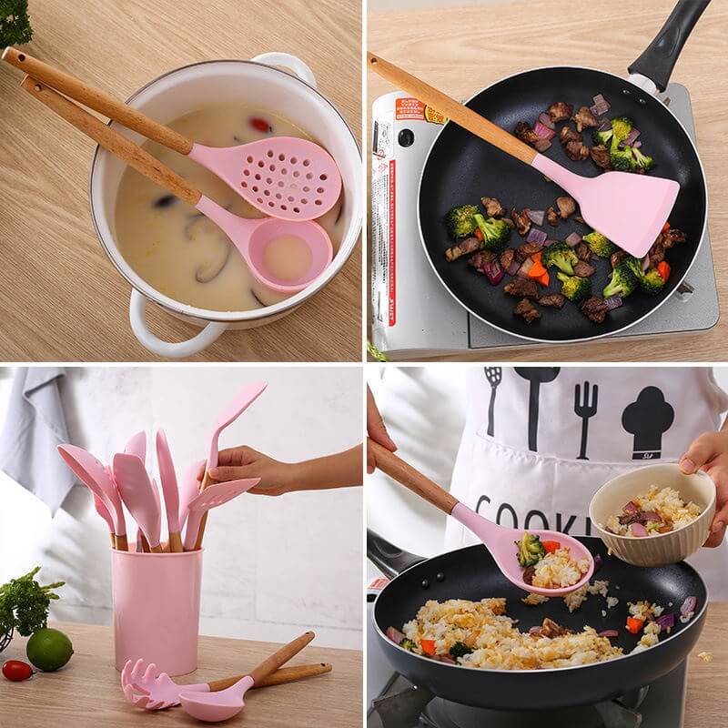 Kit de Utensílios Para Cozinha em Silicone e Madeira Premium 12 Peças