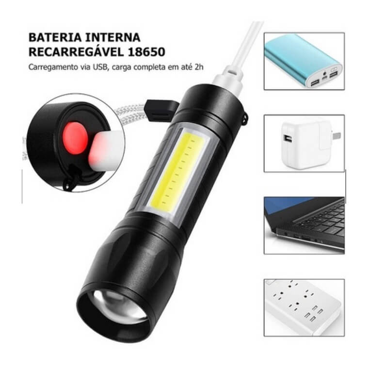 Mini Lanterna Tática Com Led E Zoom Recarregável Usb Lanterna De Mao 535