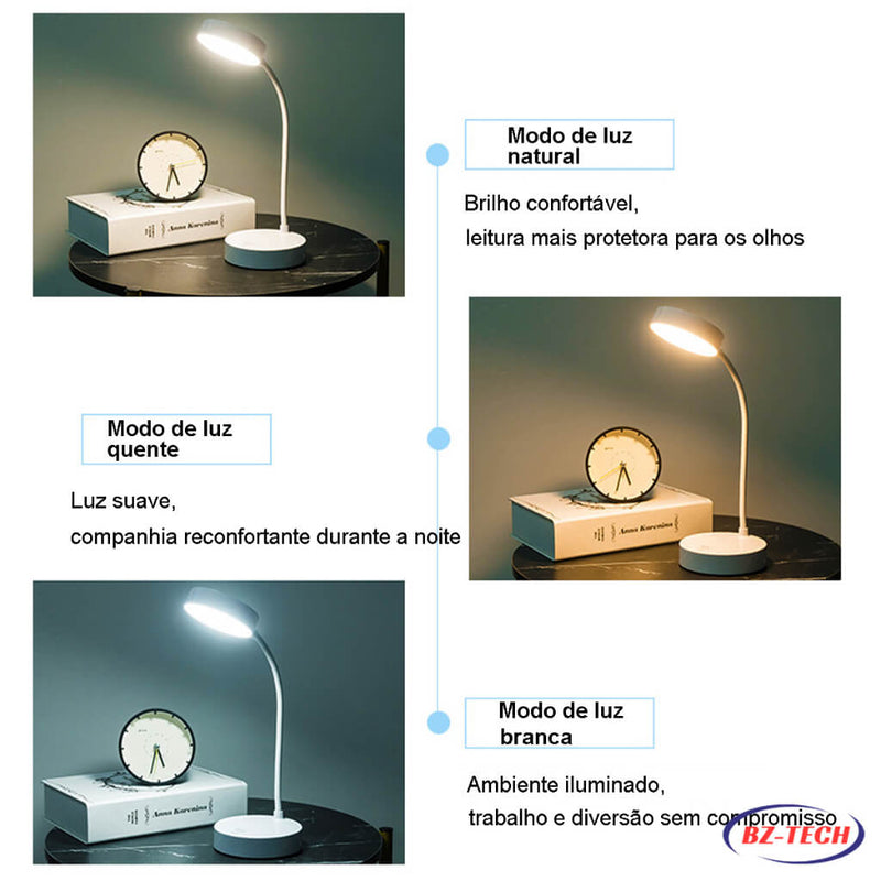 Luminária Abajur de Mesa LED Luz Recarregável Touch Haste Flexível