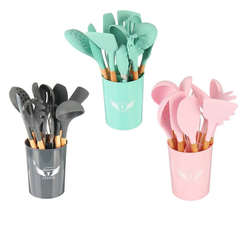 Kit de Utensílios Para Cozinha em Silicone e Madeira Premium 12 Peças