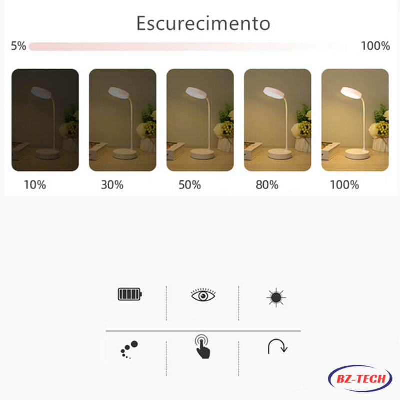 Luminária Abajur de Mesa LED Luz Recarregável Touch Haste Flexível