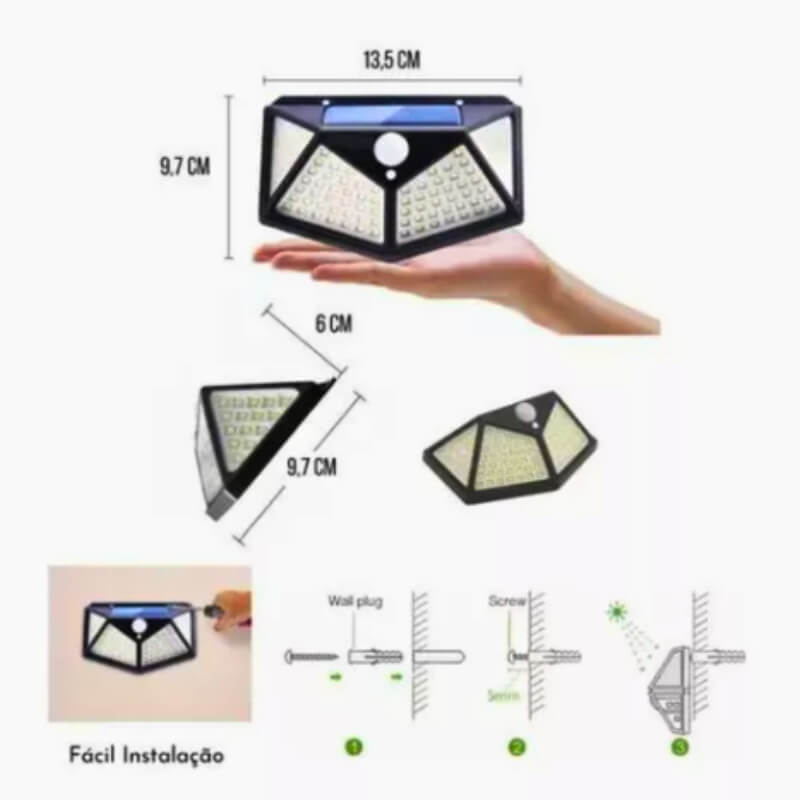 Balizador Luminária de Parede Solar de Parede, 100 Led Sensor proteção contra água