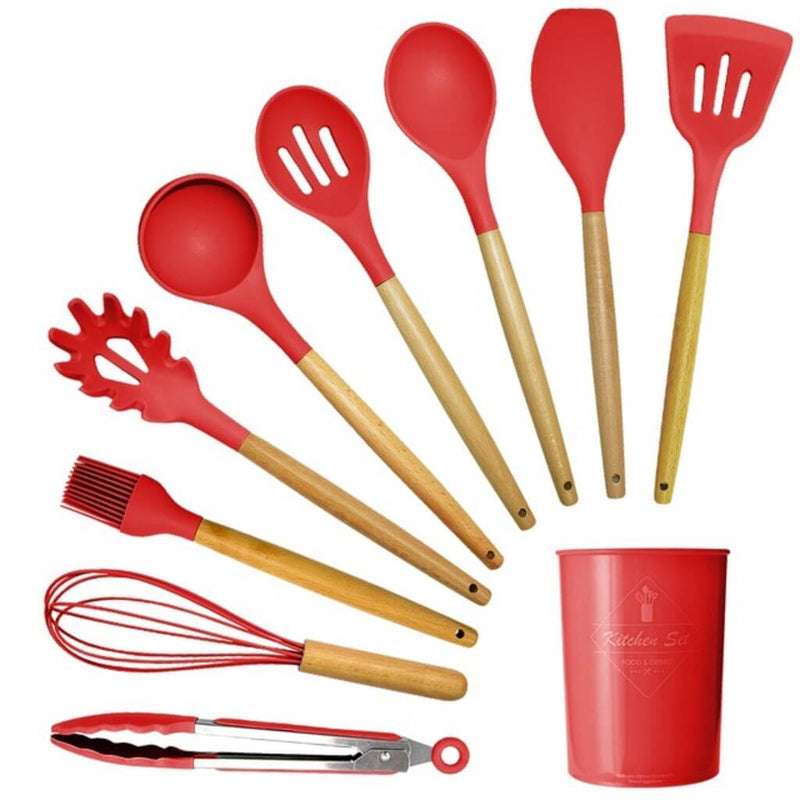 Kit de Utensílios Para Cozinha em Silicone e Madeira Premium 12 Peças
