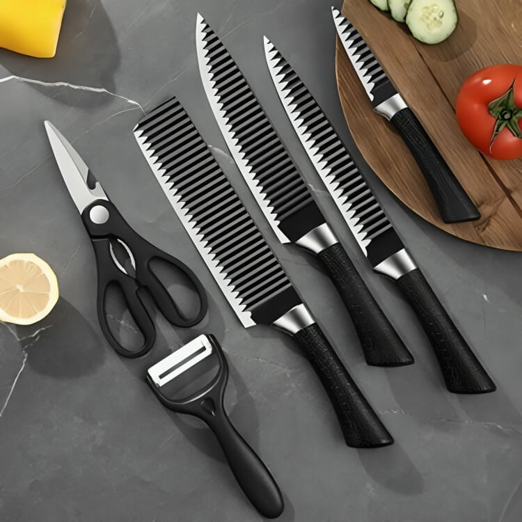 Kit 6 Peças Conjunto de Faca Churrasco Carne Legumes Descascador Tesoura Profissional